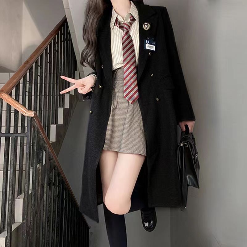【校供感】jk制服毛呢大衣外套女秋冬学院风小个子呢黑色骑行中长款