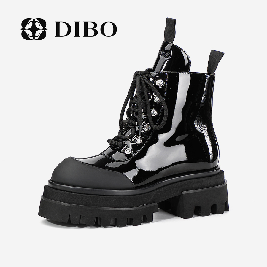 DIBO碲铂英伦风靴子时尚漆皮厚底黑色百搭系带马丁靴女23445173