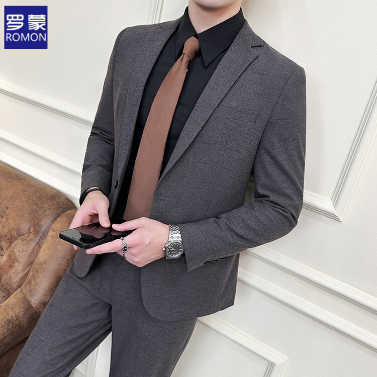 罗蒙秋冬新款羊毛西服套装男士韩版商务休闲西装套装结婚两件套
