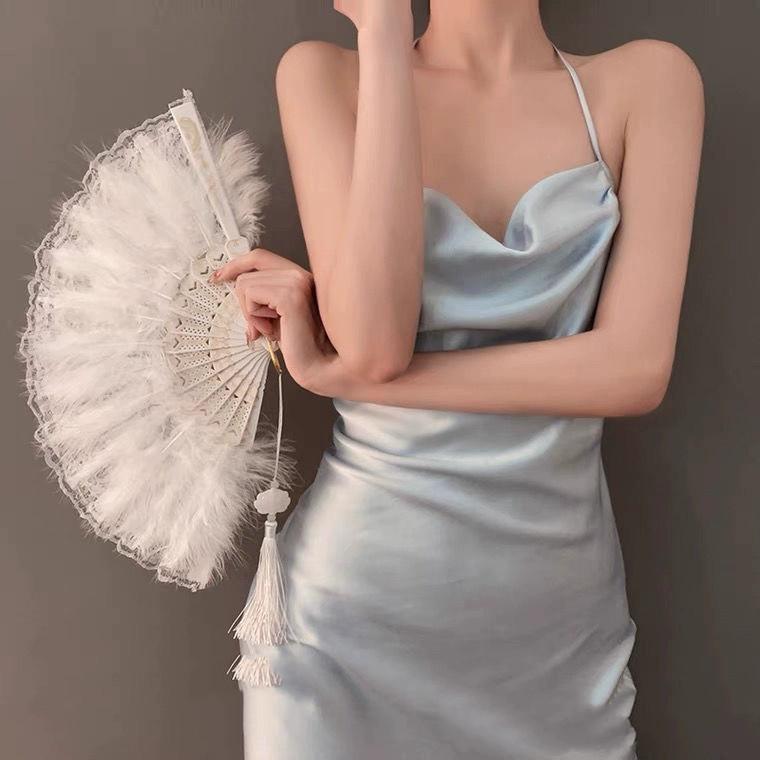 晨袍羽毛扇子新娘拍照道具洛丽塔复古黑白粉色蕾丝折扇高级感法式