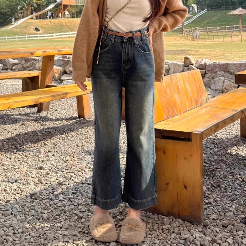 冬季爆款梨型身材复古高级感直筒牛仔裤女胖mm遮胯显瘦柔软阔腿裤