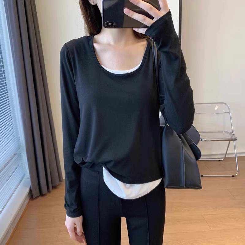 秋新款大码女装圆领拼色假两件长袖T恤胖妹妹显瘦软糯打底衫上衣