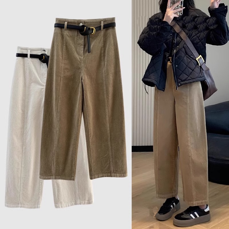 冬季新款胖妹妹大码加绒复古锥形灯芯绒哈伦裤梨型身材九分休闲裤