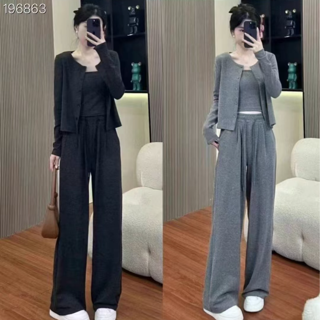 冷淡系轻熟气质套装2024早秋新款背心+开衫外套+阔腿裤时尚三件套