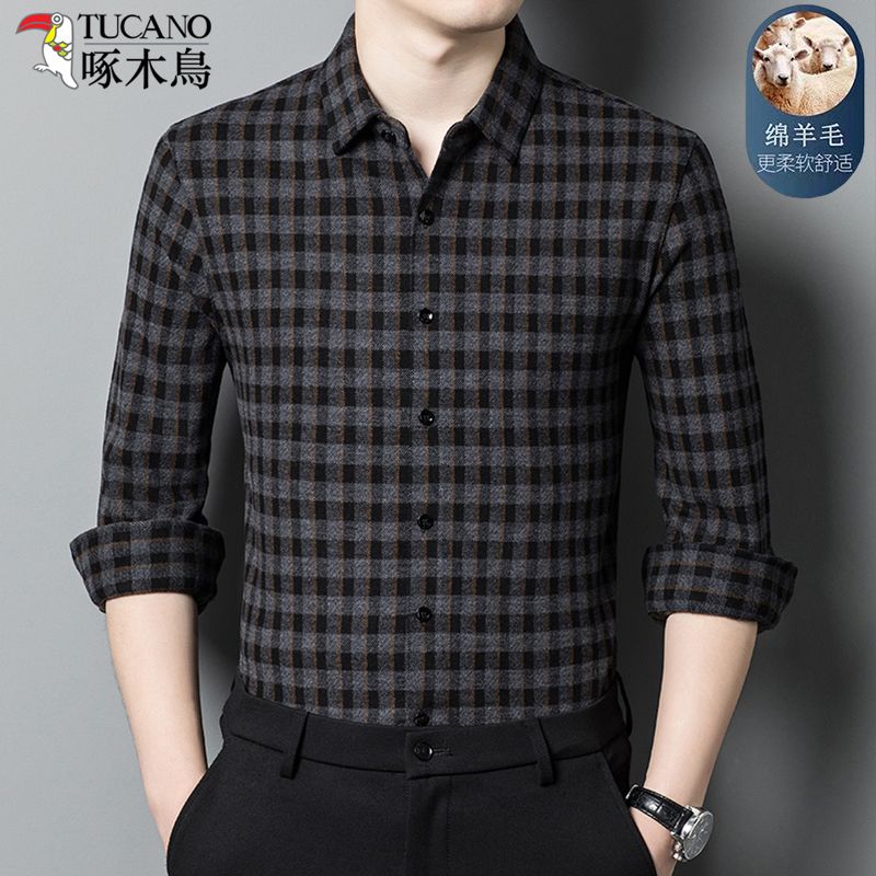 啄木鸟男士高档衬衫长袖羊毛格子春秋衬衣中青年宽松休闲男装