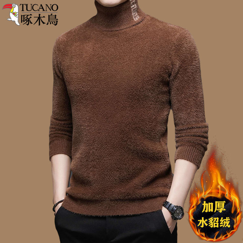 啄木鸟加绒加厚水貂l绒毛衣冬季新款潮流修身纯色百搭高领打底衫