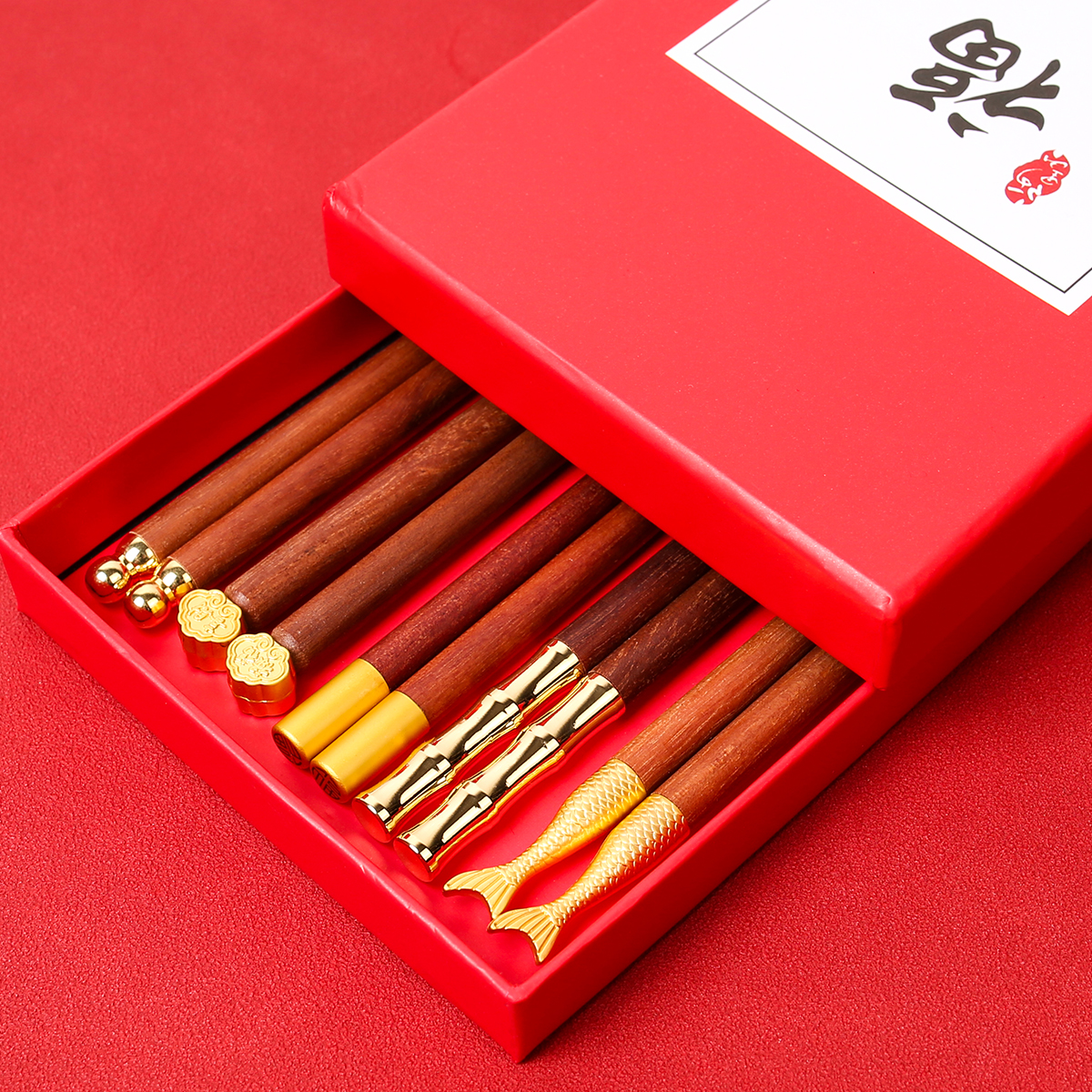 中式五福临门红檀木筷礼盒套装吉祥福筷家用防护红色礼盒装条纹