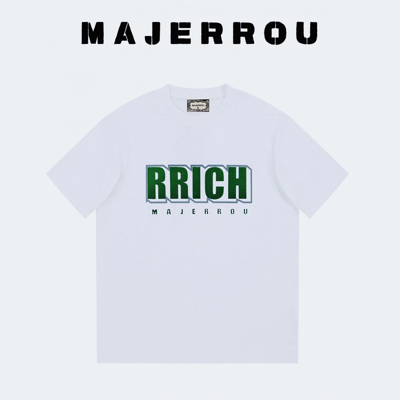 MAJERROU/玛基欧/灰绿植绒字母/男圆领重磅棉宽松欧美夏季短袖T恤