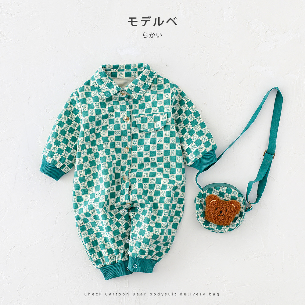abnn2023春秋时尚婴幼儿连体衣男女宝宝卡通格子熊爬服送背包