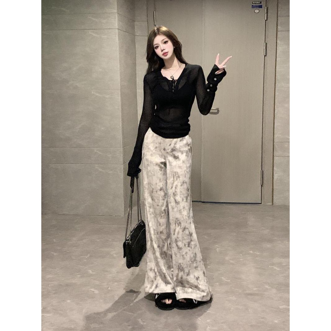 v领纯欲微透网眼针织修身显瘦长袖内搭+复古扎染印花休闲阔腿裤