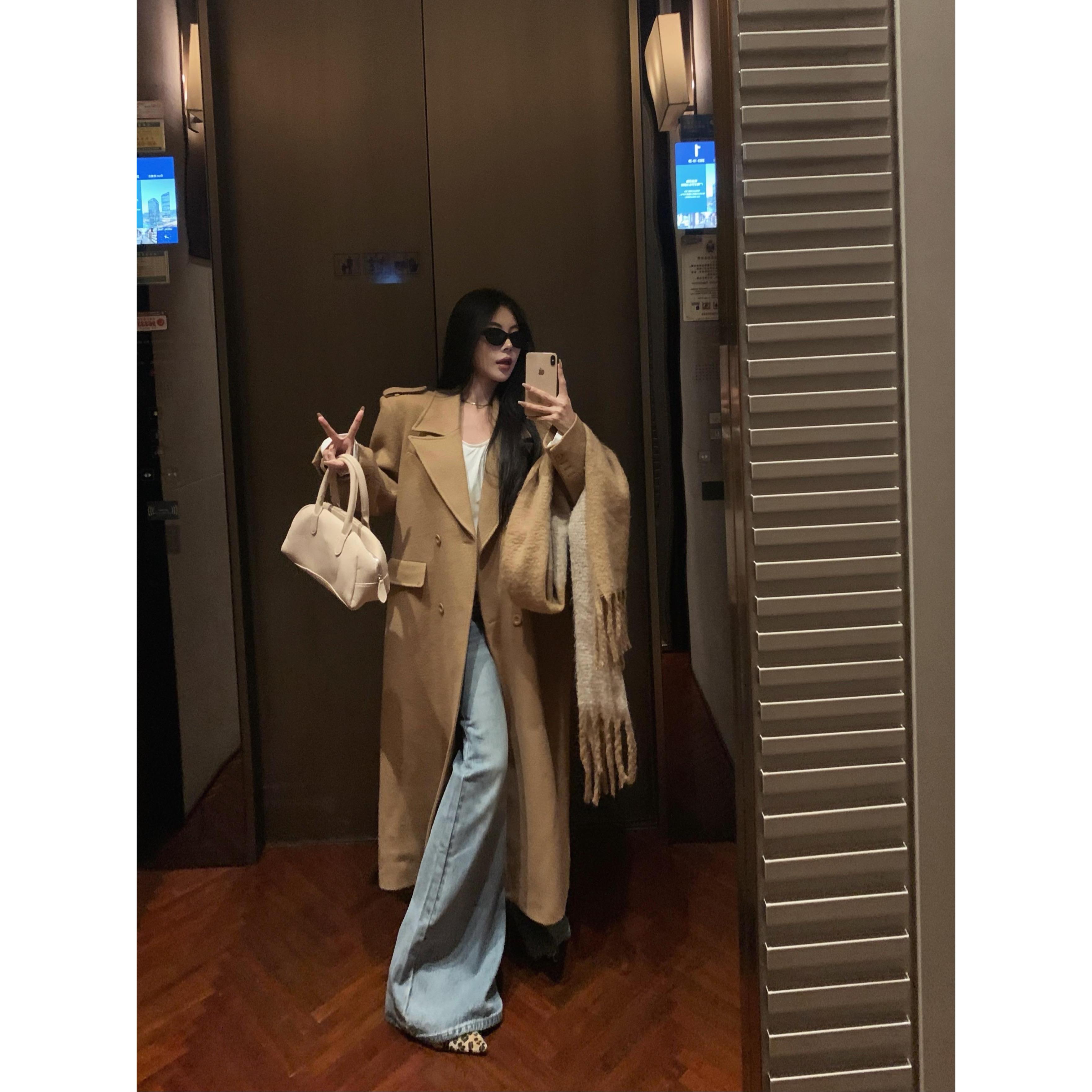 显贵显瘦气质毛呢系带外套双排扣呢大衣垫肩版型极简质感保暖外套