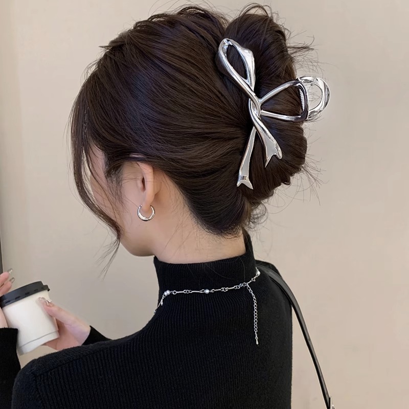 合金发饰 银色ins风飘带蝴蝶结抓夹发夹后脑勺高级感鲨鱼夹发饰女