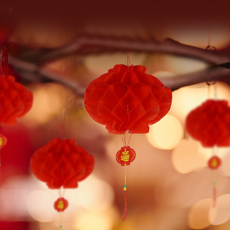 小红纸灯笼挂饰2024元旦春节过年新年蜂窝院子户外树上装饰大门口
