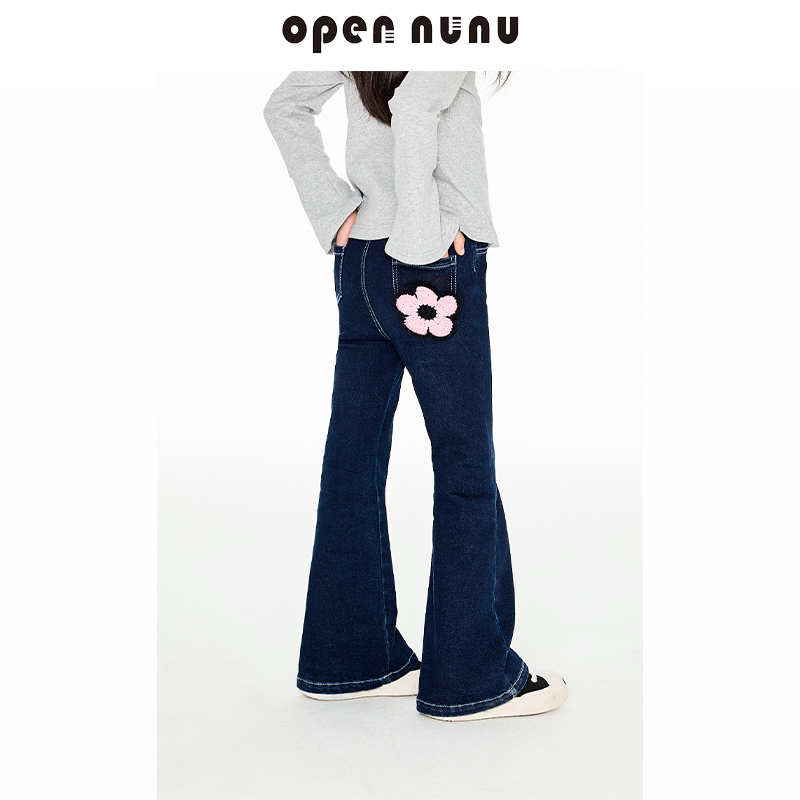 Opennunu深蓝弹力微喇牛仔裤手钩花装饰百搭长裤