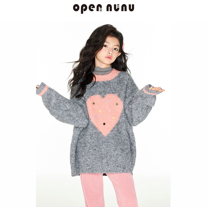 Opennunu女童温暖针织衫灰粉温柔爱心毛衣