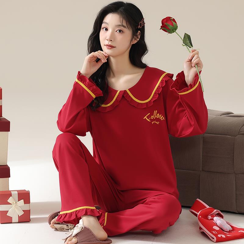 FAVMARTHA 胖MM220斤红色睡衣女款2024春秋新款大码大红喜庆睡衣