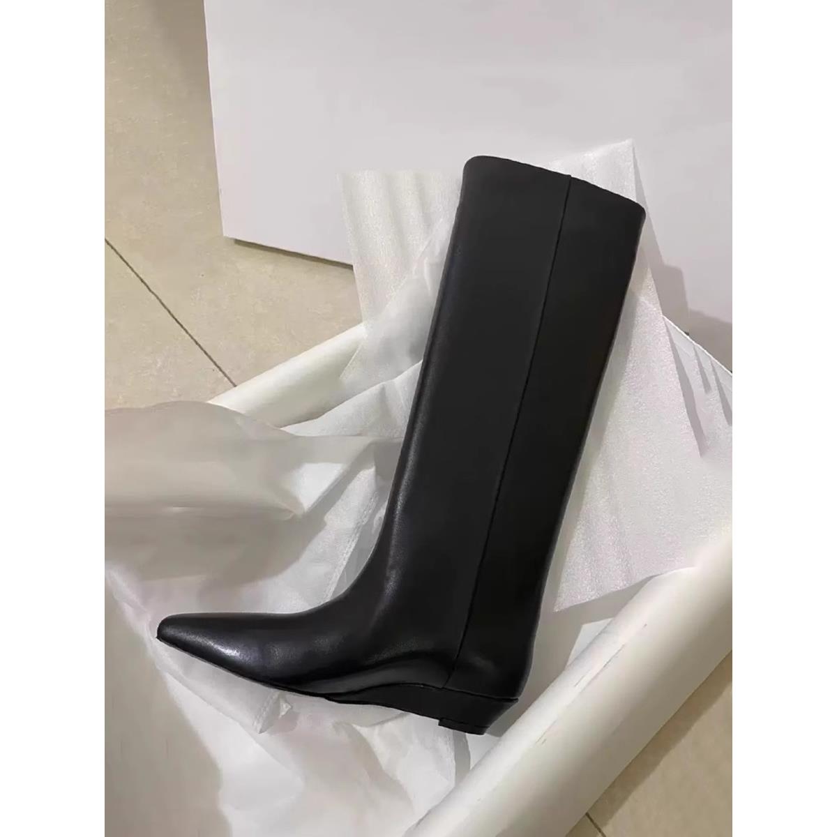 欧洲站胖mm皮质尖头复古高筒骑士靴女粗跟皮跟显瘦不过膝长靴子