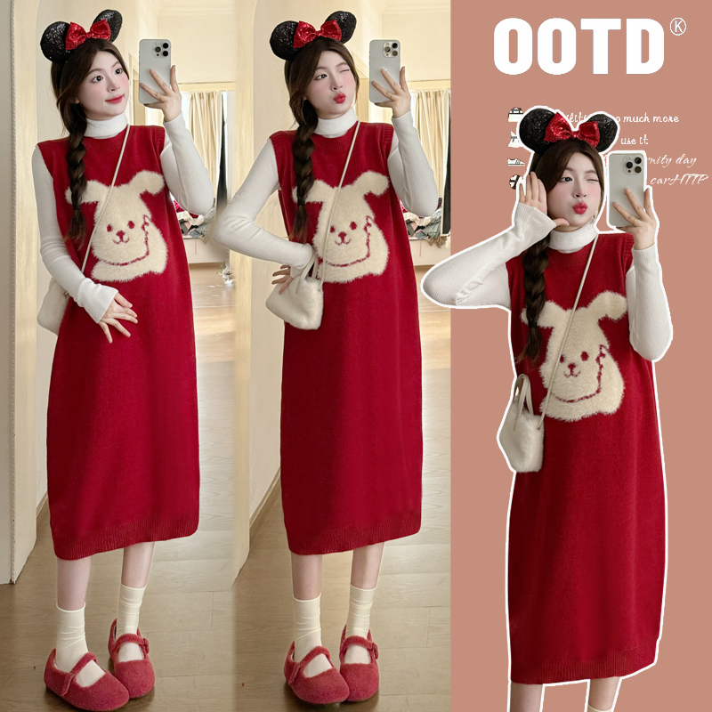 孕妇装连衣裙秋装套装时尚穿搭针织加厚背心裙毛衣打底衫2024新款