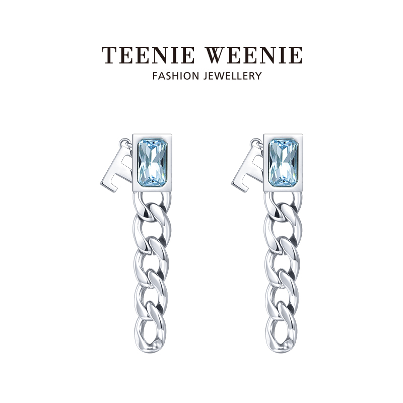 Teenie Weenie 钛钢仿水晶耳饰 黑色海蓝宝色时尚百搭气质长款ins