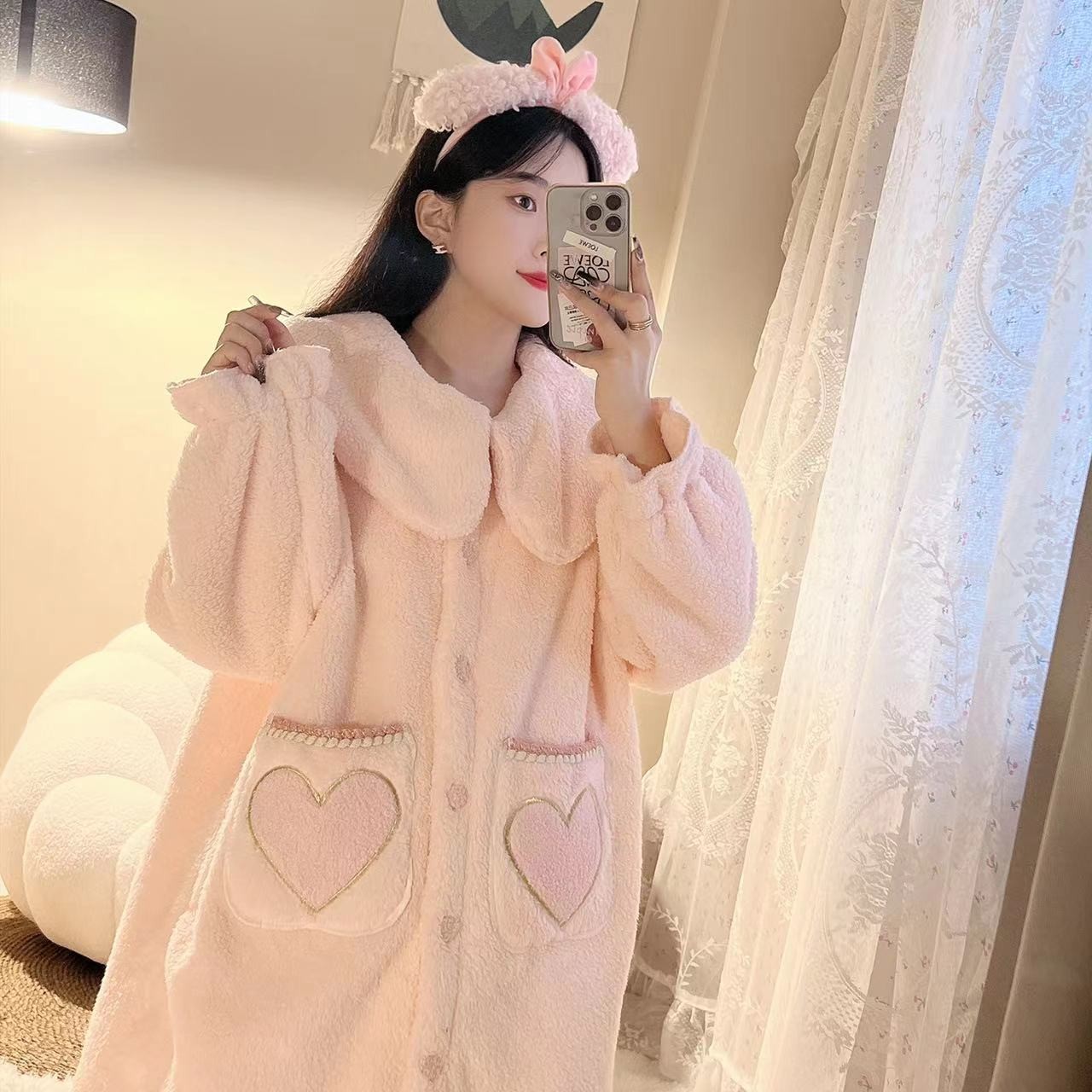 口袋爱心长睡袍2023秋冬新款法兰绒睡衣家居服