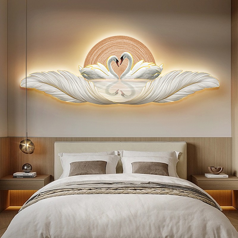 现代简约主卧室床头装饰画温馨天鹅客厅led灯壁画轻奢羽毛挂画