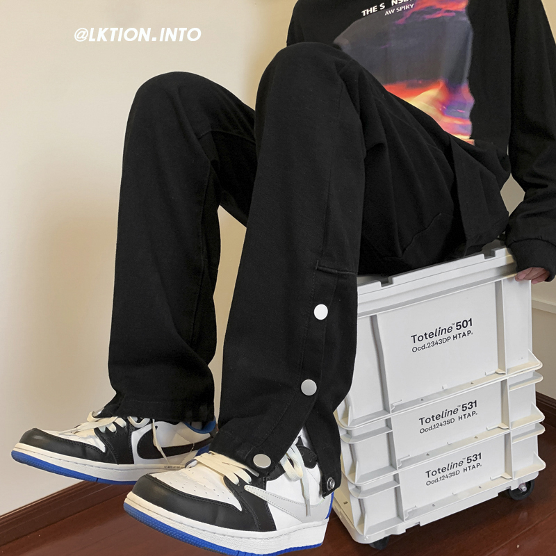 黑色弹力修身牛仔裤男款排扣开叉微喇叭裤子高街美式窄版直筒长裤