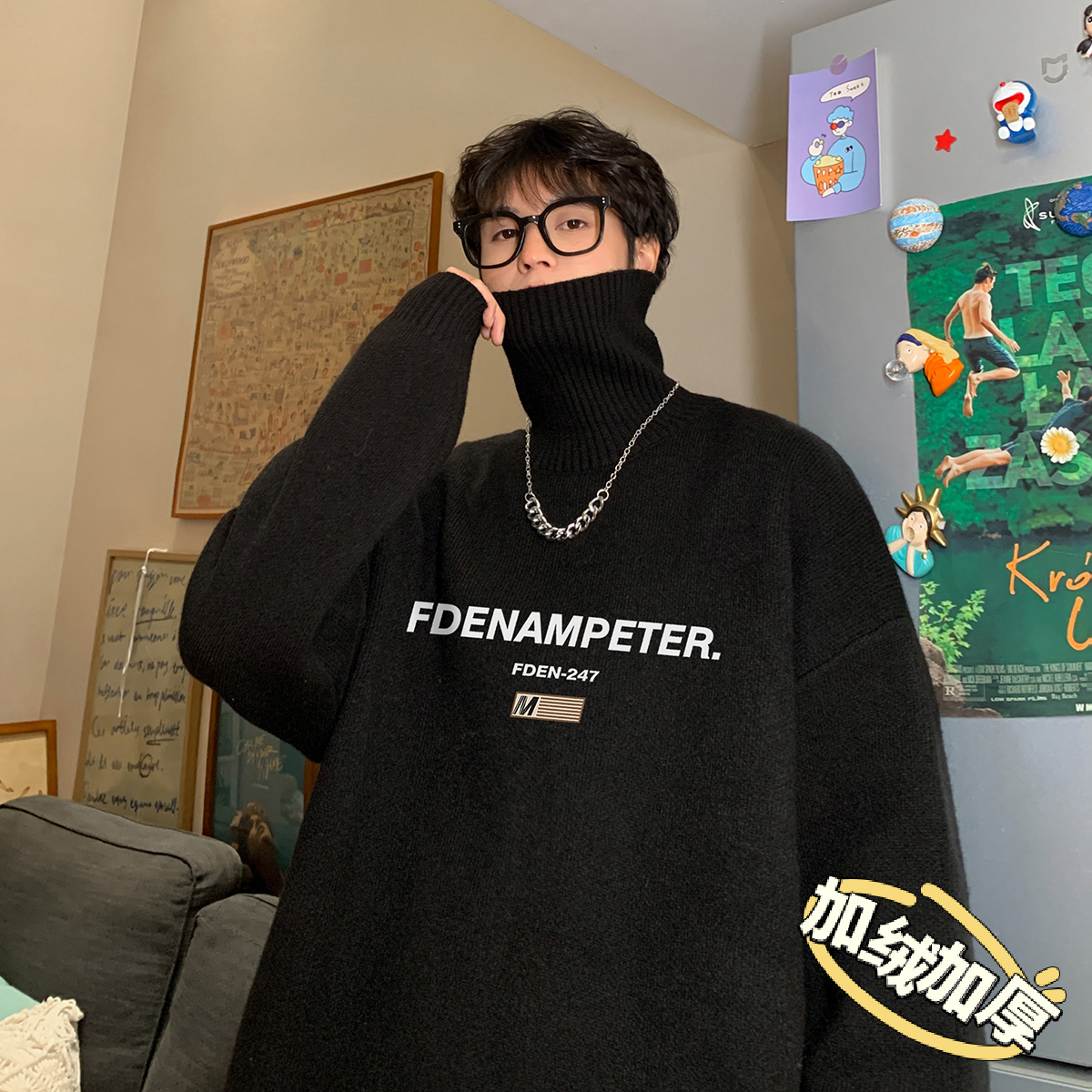 黑色可翻高领毛衣男款秋冬加厚慵懒高级感内搭打底衫加绒针织外套