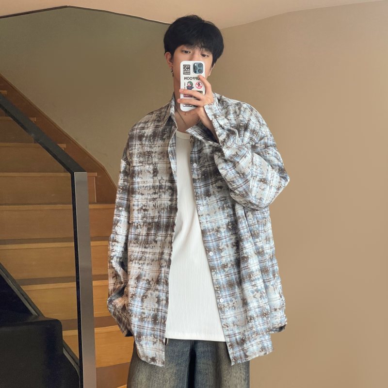 vintage扎染格子衬衫男春秋高级感痞帅休闲长袖衬衣潮牌宽松外套