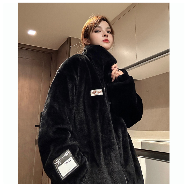 黑色羊羔绒外套男款冬季加厚保暖毛毛绒棉衣大码潮牌美式立领棉服