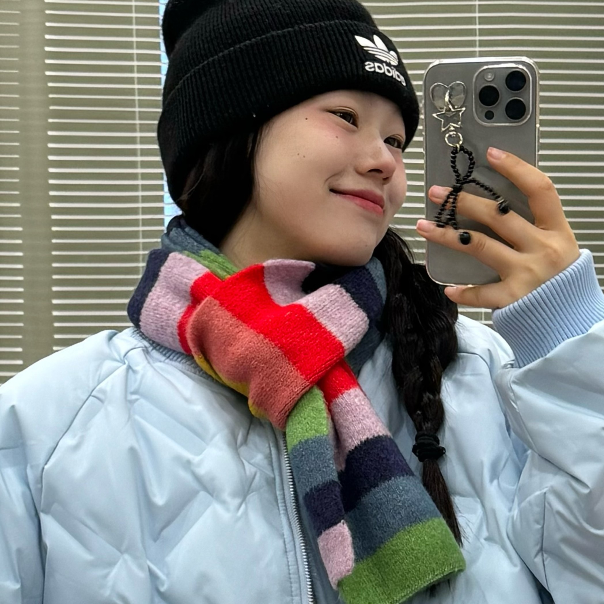 彩虹条马海毛围巾女冬季韩版拼色条纹羊毛短款围脖学生保暖短巾男