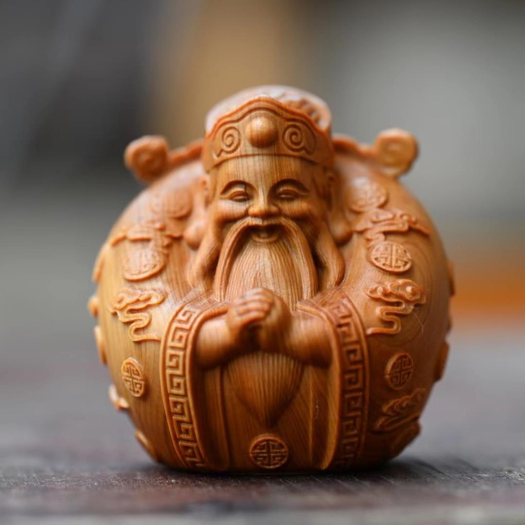 崖柏木雕刻手把件财神木质随身盘玩文玩工艺品招招家居小摆件茶宠