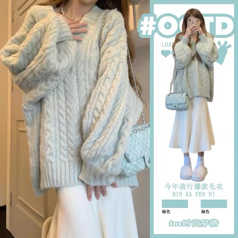 秋冬2023年新款高级感针织v领小众慵懒风宽松毛衣半身裙套装2890