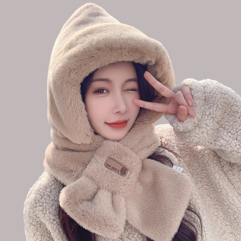 围巾帽子一体秋冬季保暖毛绒加厚仿兔毛可爱护耳帽子2023年爆款女