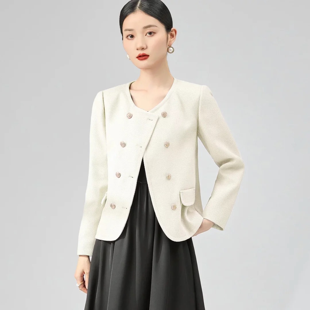 小香风外套千金风双排扣长袖开衫女经典圆领外套F396