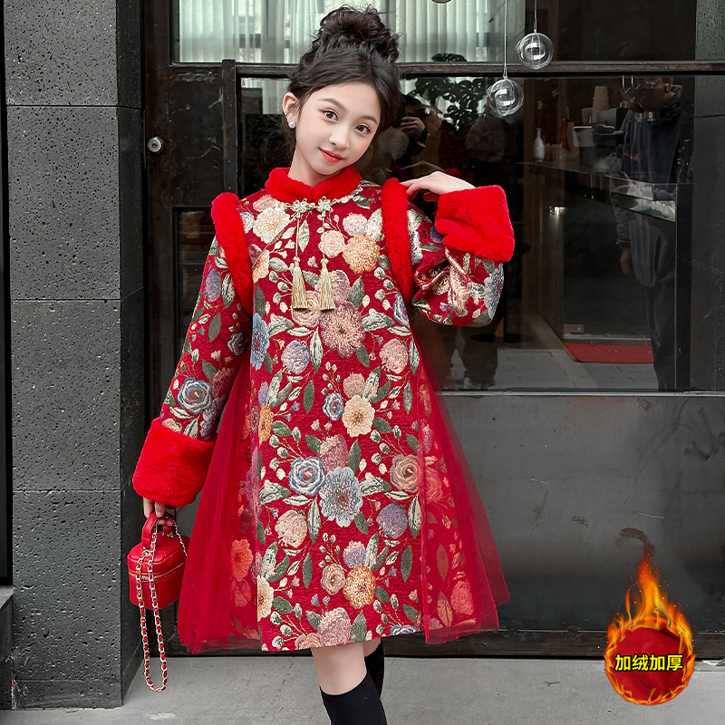 女童公主裙中国风旗袍冬装2023新款女孩加绒汉服连衣裙儿童拜年服