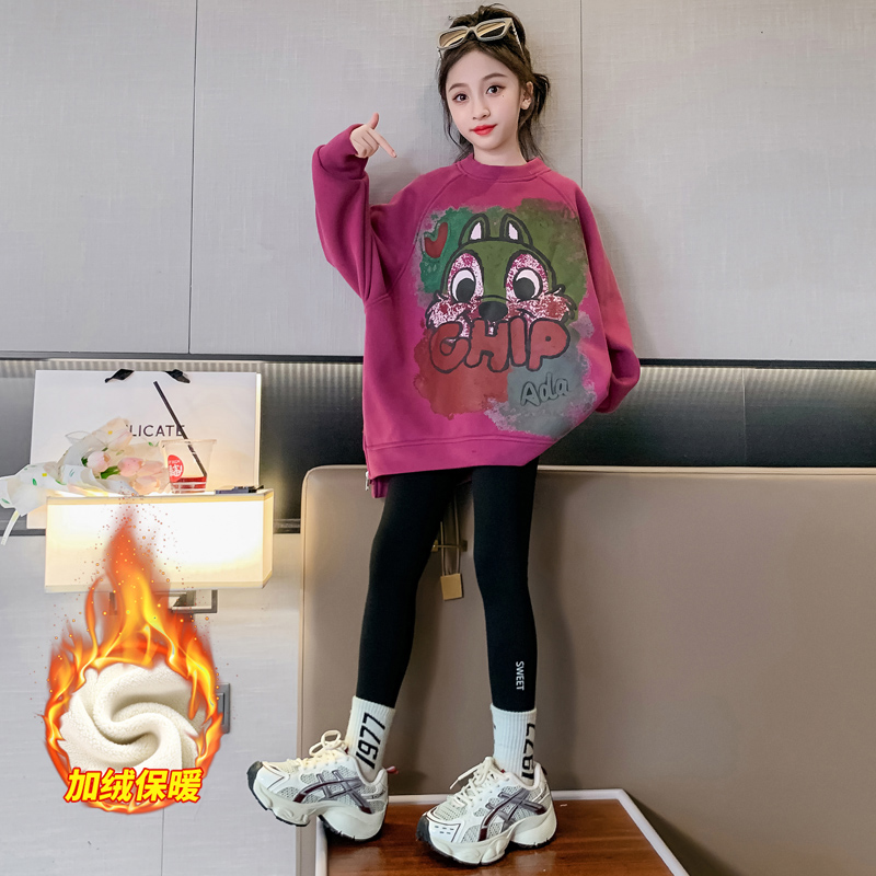 女童加绒长款卫衣2023秋冬新款时尚宽松上衣女孩大童洋气加厚冬装