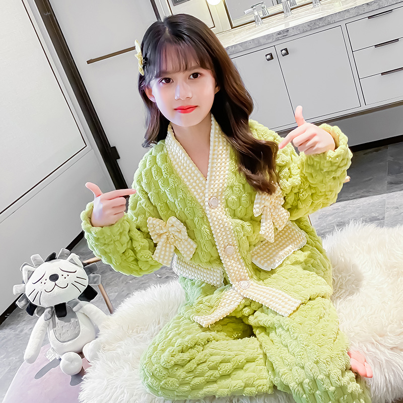 儿童家居服秋冬加绒加厚小女孩冬装甜美家居服中大童冬季睡衣套装