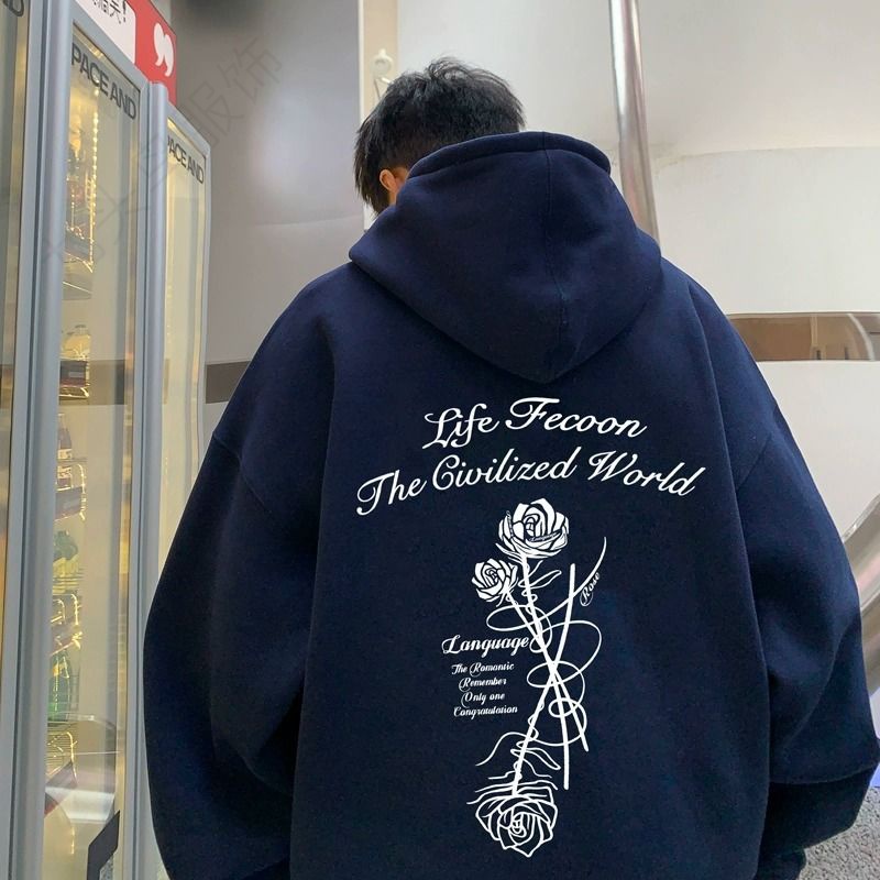 【12.12】藏青色卫衣男款秋季新款宽松上衣服美式高