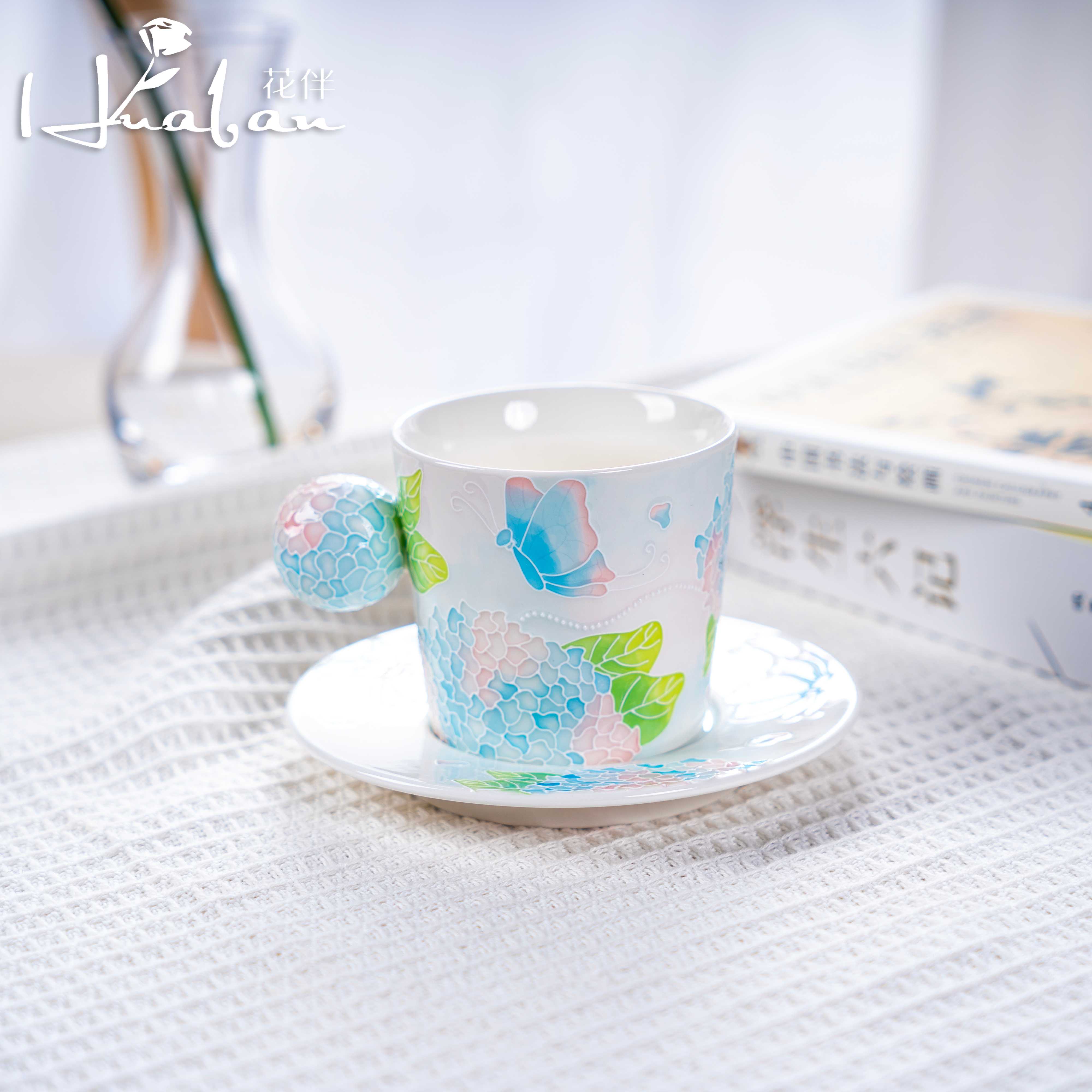 【春城与瓷都】绣球花圆口咖啡杯碟套组（球把手） 珐华彩创意手绘杯