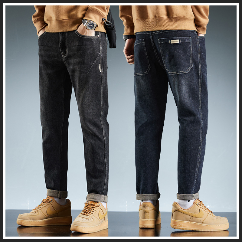 男士牛仔裤2023年春秋季新款休闲宽松直筒裤松紧腰头潮牌男装裤子