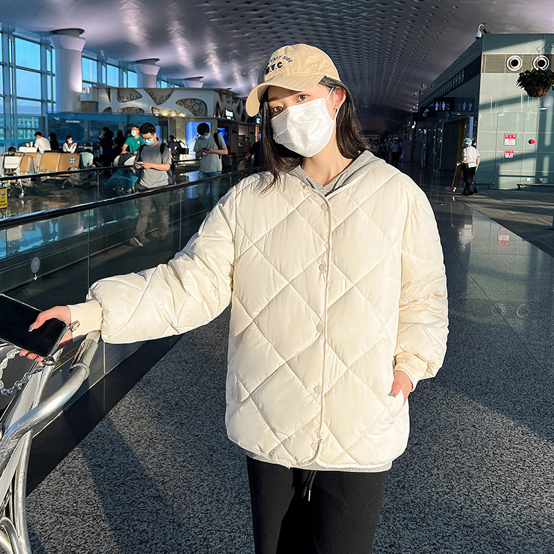 2024年秋冬季新款羽绒棉服女轻薄港风短款菱形格轻薄棉衣宽松外套