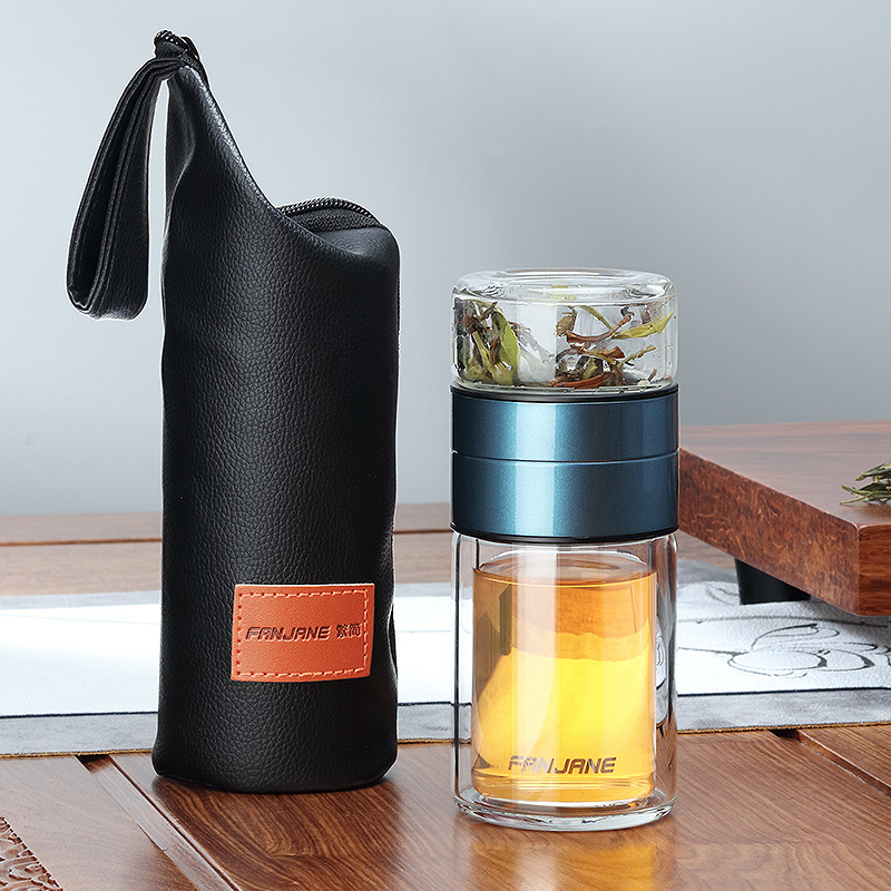 赛杉男女士双层玻璃茶杯便携水杯子茶水分离杯隔热透明过滤泡茶杯