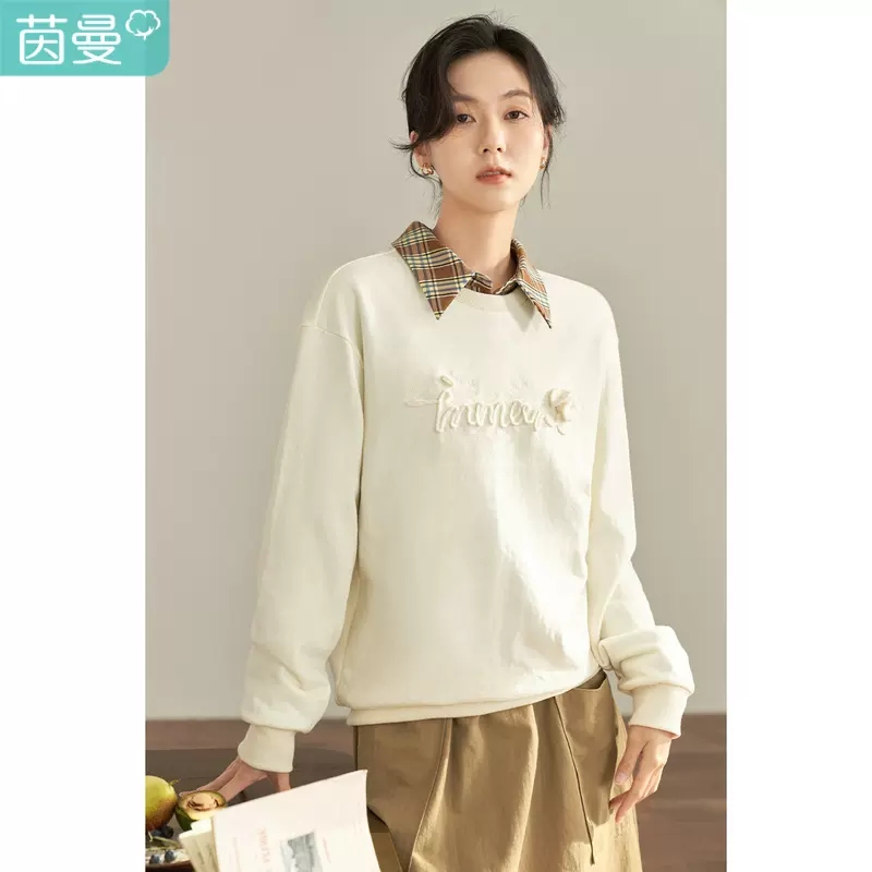 【红人专属】茵曼田园立体勾花绣花圆领小众宽松卫衣春季18236561