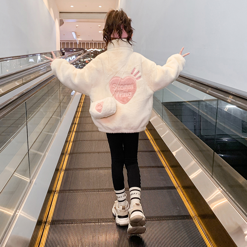 女童外套秋冬装2023新款洋派女孩大童羊羔毛毛衣儿童加绒加厚上衣