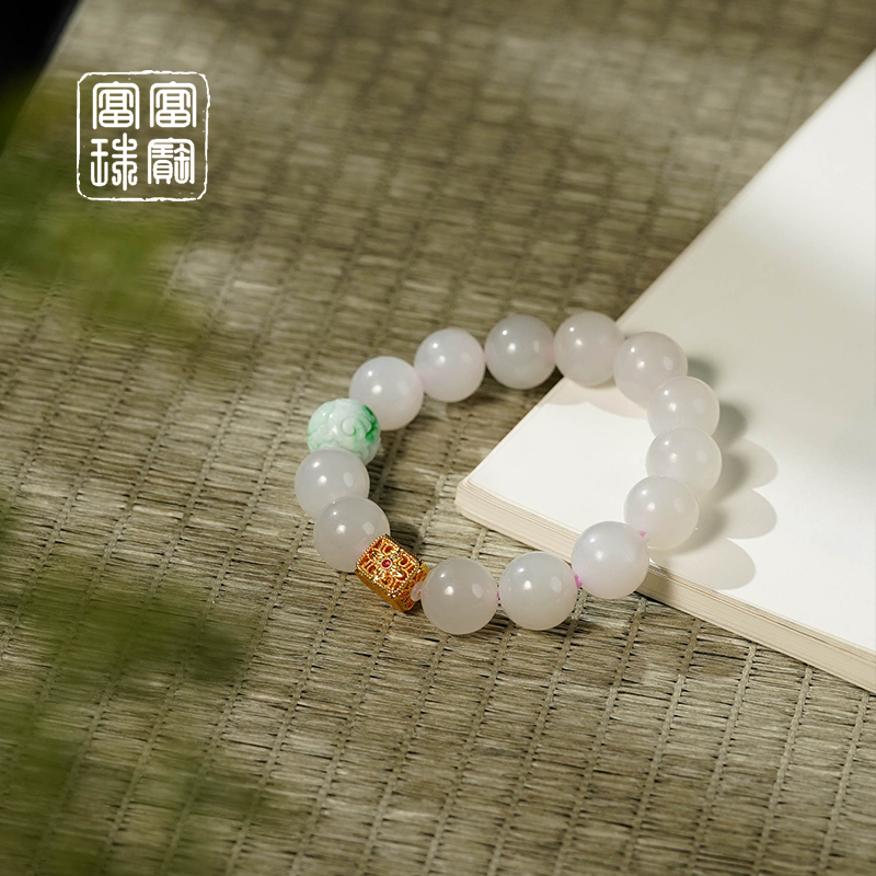【柳生】富富珠宝 藕粉和田玉+翡翠手串单圈（天然珠宝多样性发