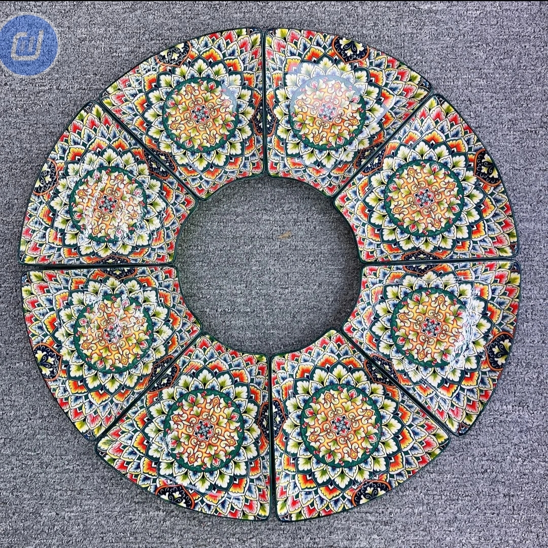 波西米亚高颜值陶瓷9寸扇形拼盘8只装家用复古中式不规则花纹