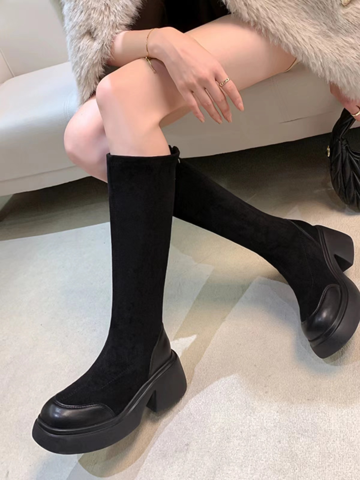 QMS1024-2160 厚底轻便加绒弹力靴长靴骑士靴女高筒时装瘦瘦靴子