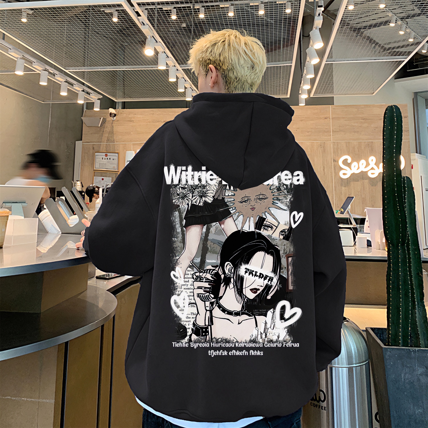 美式高街纯棉印花连帽卫衣男士重磅秋冬潮牌加绒加厚oversize宽松