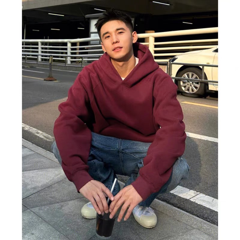 美式基础款纯色加绒加厚连帽卫衣男ins秋冬潮牌宽松百搭情侣上衣