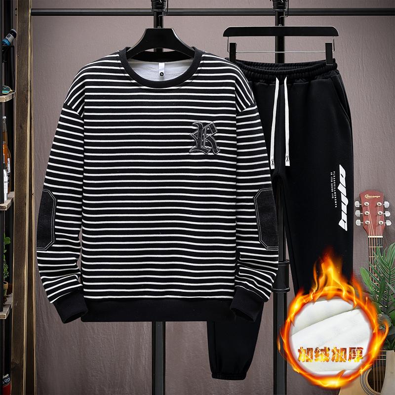 冬装新款青少年学生加绒加厚圆领卫衣套装男男士长袖休闲潮流韩版